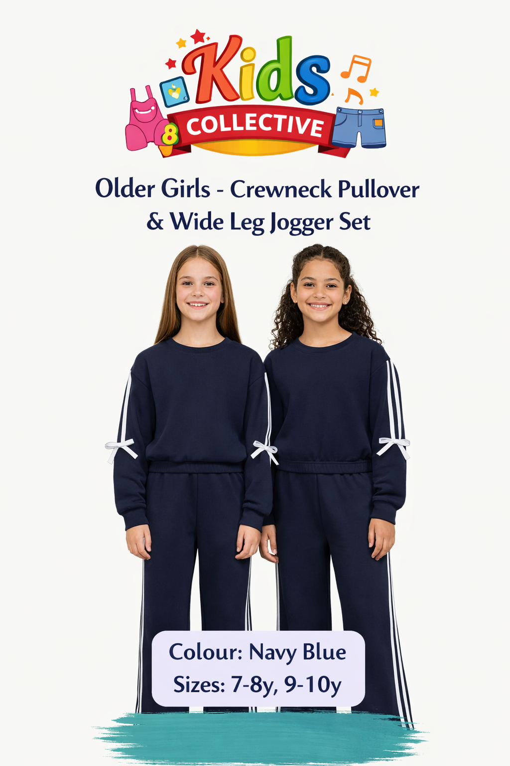 Older Girls Crewneck Pullover & Wide-Leg Jogger Set with Tape Detail & Bows