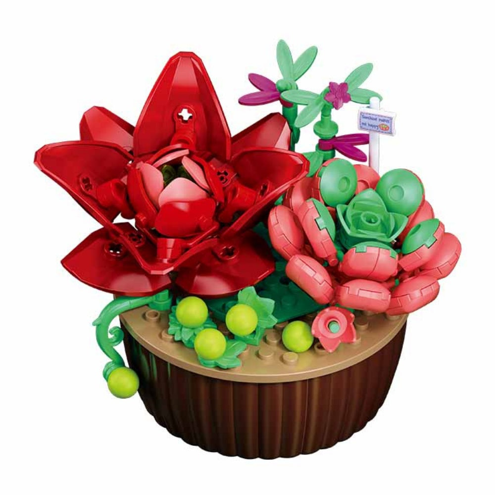 Sluban Building Set: Pleyerid - Potted Succulent Garden - Red Lily & Pink Succulents - 180pcs