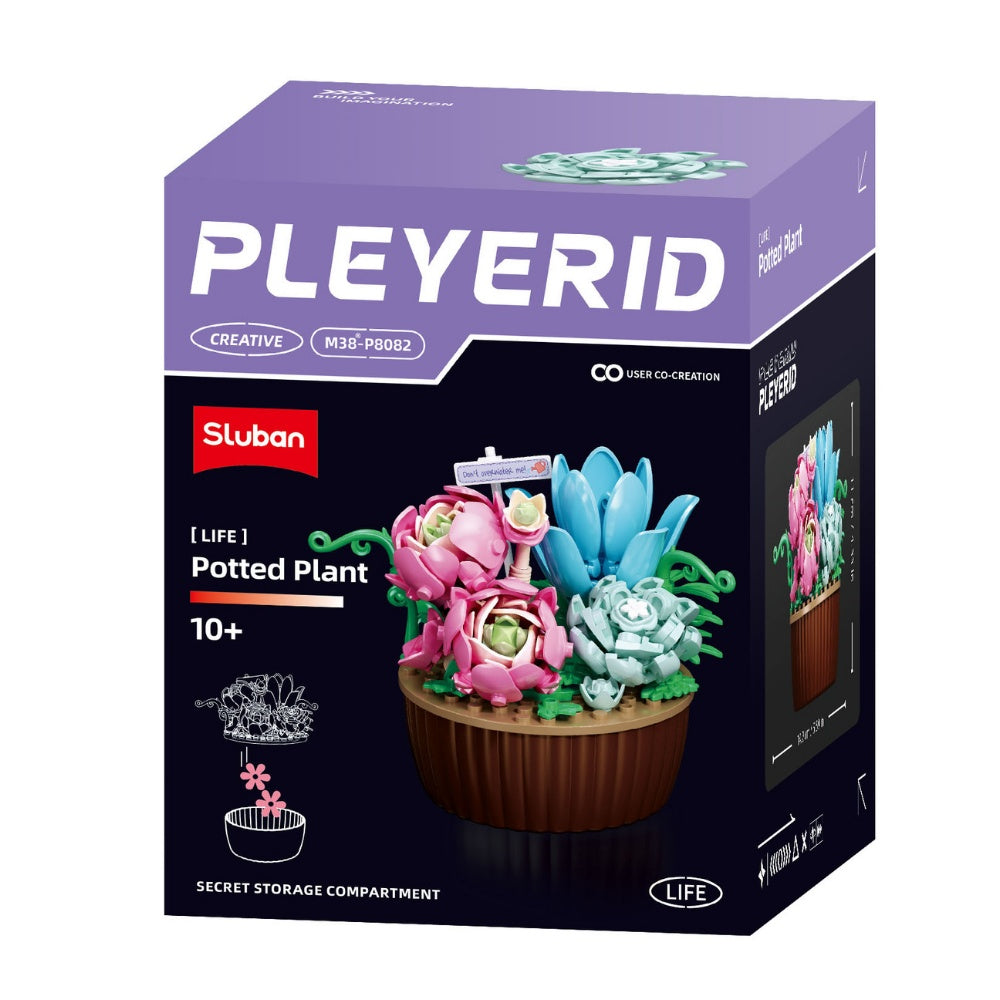 Sluban Building Set: Pleyerid - Potted Succulent Garden - Pink Peony, Blue & Grey Succulents - 181pcs