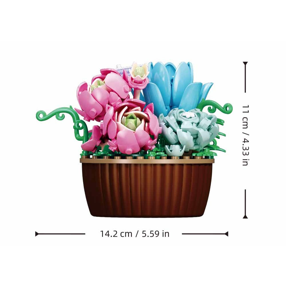 Sluban Building Set: Pleyerid - Potted Succulent Garden - Pink Peony, Blue & Grey Succulents - 181pcs