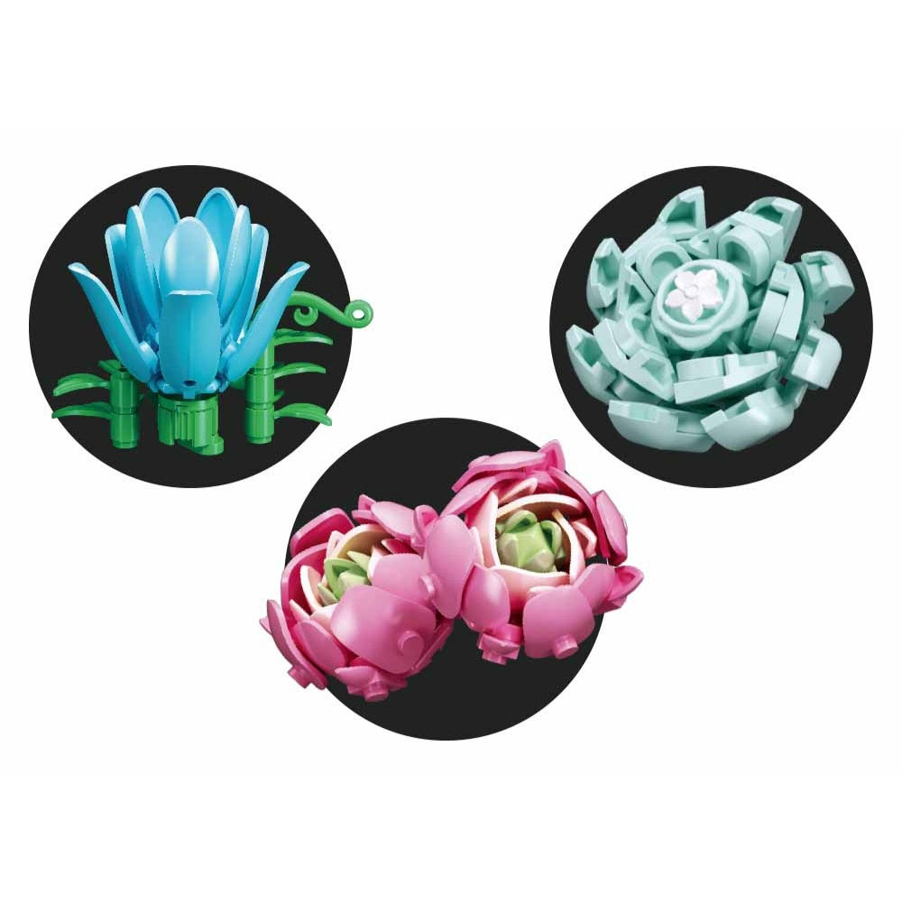 Sluban Building Set: Pleyerid - Potted Succulent Garden - Pink Peony, Blue & Grey Succulents - 181pcs