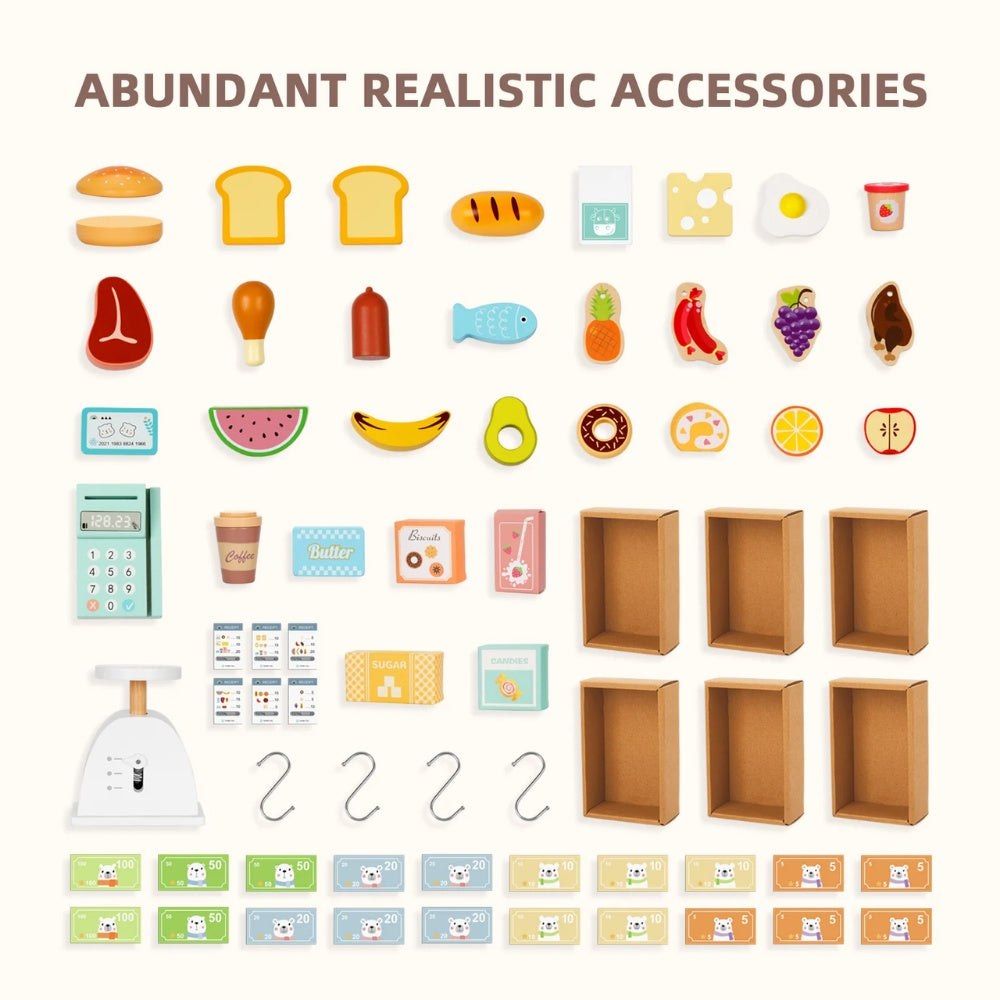TookyToy – Pretend Play Wooden Grocery Store Playset with Accessories