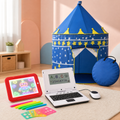 Curious Explorer Kit with a learning laptop, reusable neon sketch pad, and blue play tent