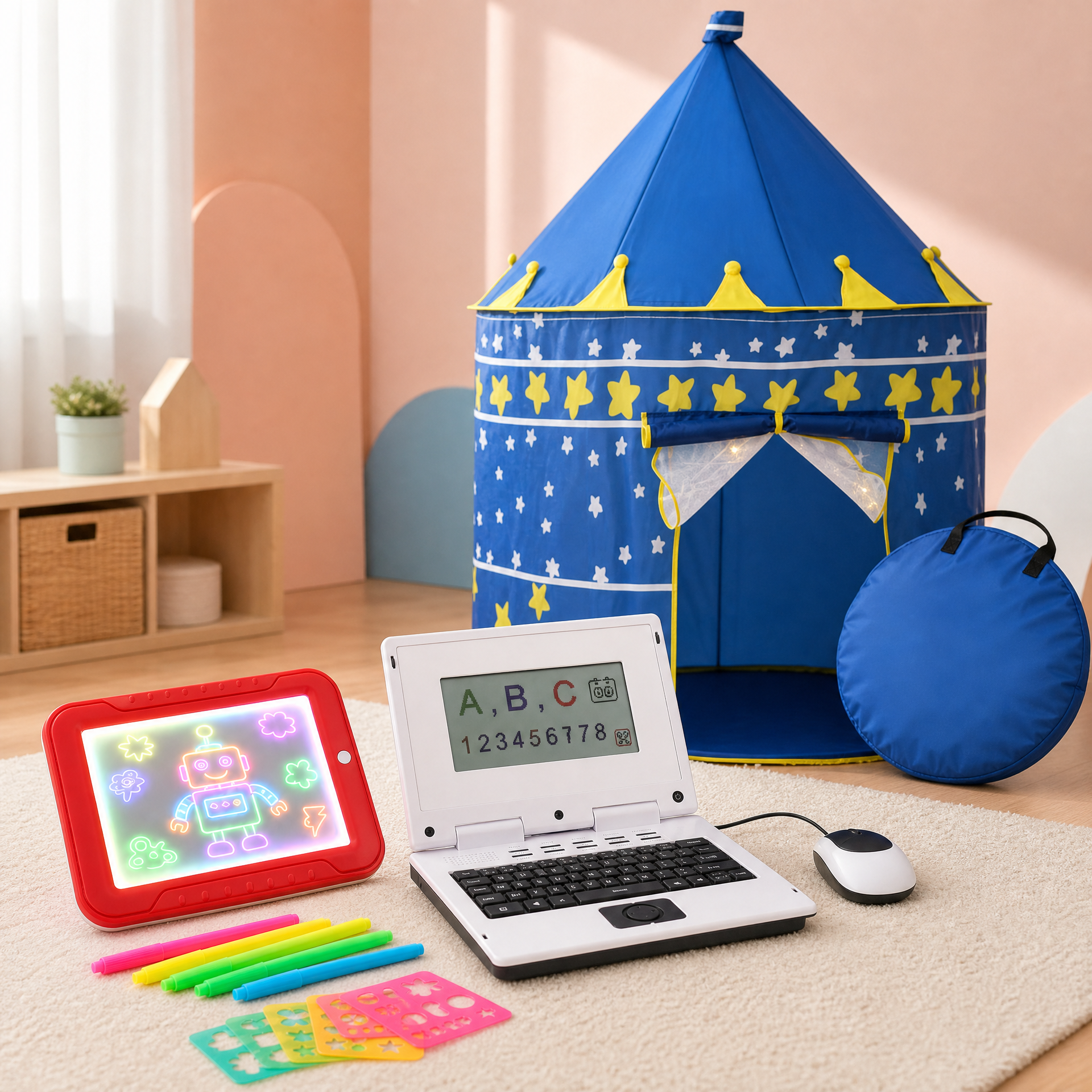 Curious Explorer Kit with a learning laptop, reusable neon sketch pad, and blue play tent