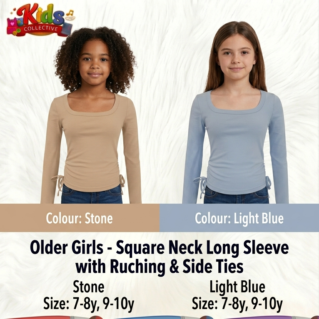 Older Girls Square-Neck Long-Sleeve Top with Ruching & Side Ties
