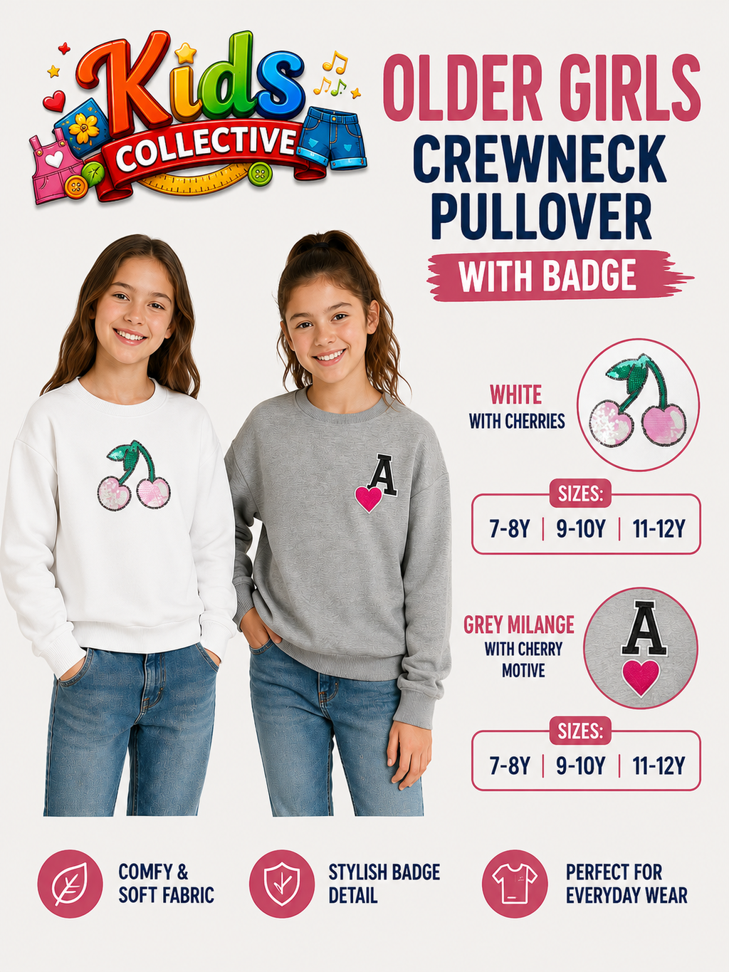 Older Girls Crewneck Pullover with Badge