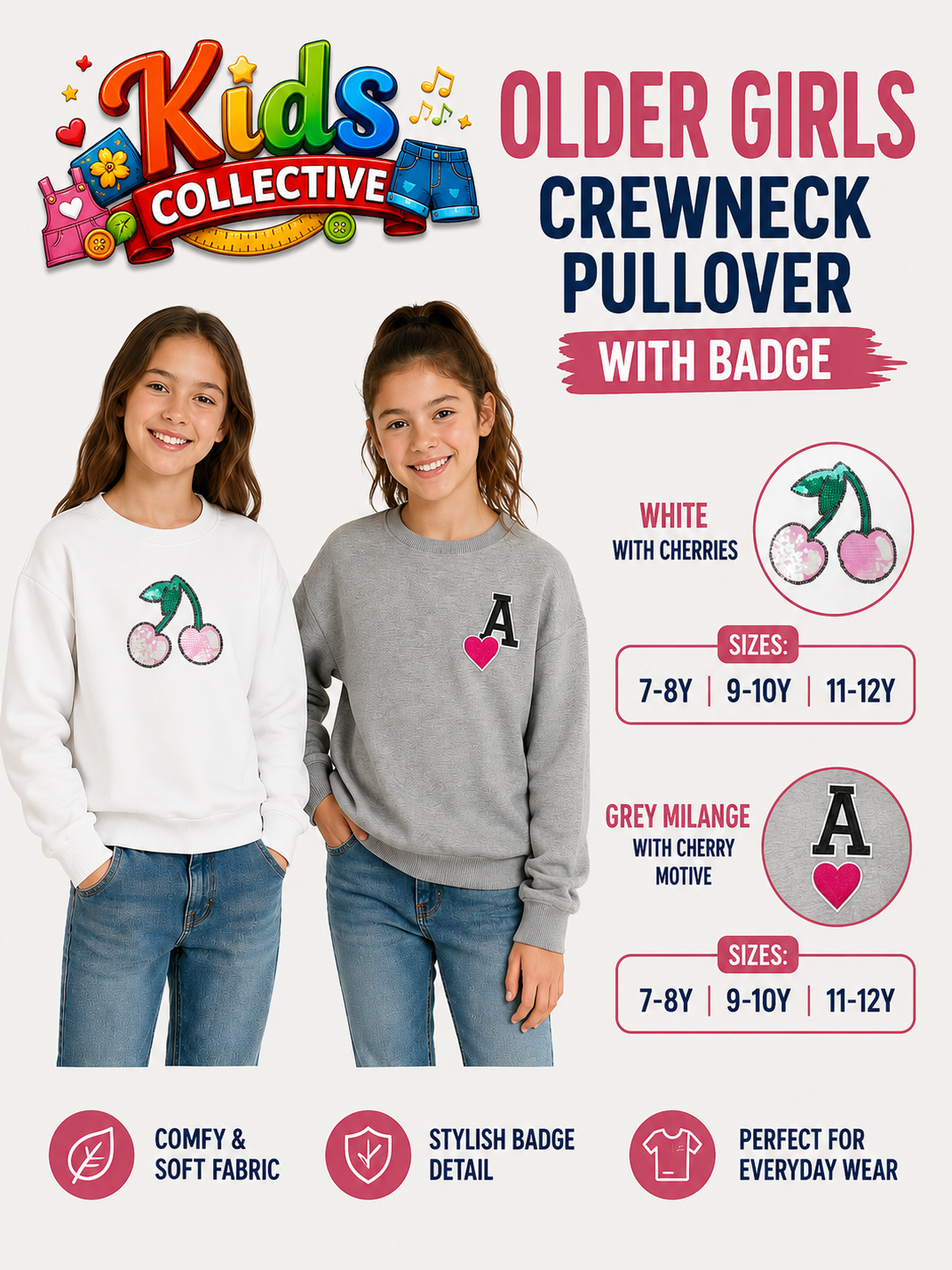 Older Girls Crewneck Pullover with Badge